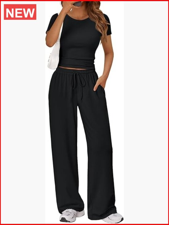 Pants - 2 Piece Lounge Set with Side Ruching Top and Wide Leg Pants with Pockets